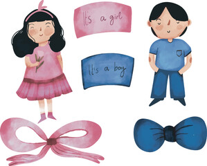 Watercolour illustration set of announcement “It's a Boy" and "It's a Girl" in blue and pink colors, Isolated clipart elements for design and decor. Watercolor elements for baby shower. Newborn party 