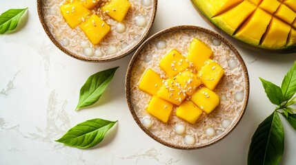 Delicious mango sticky rice dessert tropical kitchen food photography bright setting aesthetic presentation