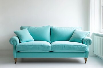 Modern Minimalist Living Room with Turquoise Sofa and Blank White Wall. Cozy Interior Design Concept