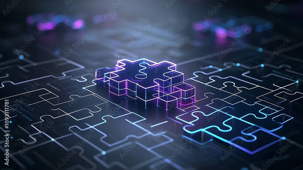 Poster Captivating abstract digital background featuring a mesmerizing array of interconnected glowing puzzle pieces illuminated in a vibrant neon glow of blues and purples