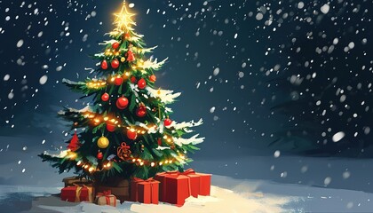 Obraz premium Beautiful festive christmas tree shines with ornaments and lights, merry winter wonderland celebration scene