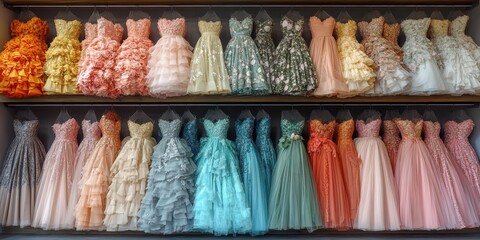 A stunning display of elegant dresses featuring a wide range of styles and colors, lined up neatly on two shelves, showcasing ruffles, sequins, floral patterns, and intricate designs
