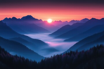 Obraz premium Rolling hills shrouded in coniferous forest as low fog fills the valley during a stunning sunrise with vibrant sky colors