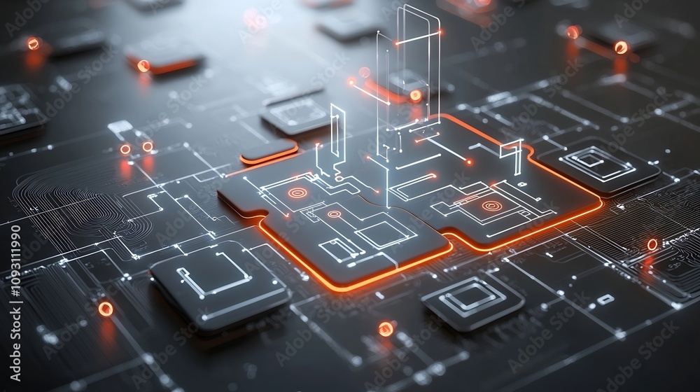 Aufkleber Glowing futuristic puzzle pieces with neon lights showcasing connectivity and problem solving through dynamic circuit inspired patterns on a vibrant technologically advanced backdrop
