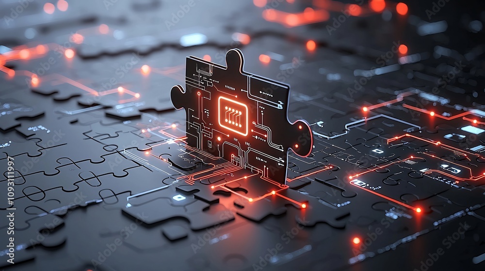 Aufkleber Futuristic neon lit puzzle pieces displaying circuit inspired patterns highlighting connectivity problem solving and the intersection of technology and creativity