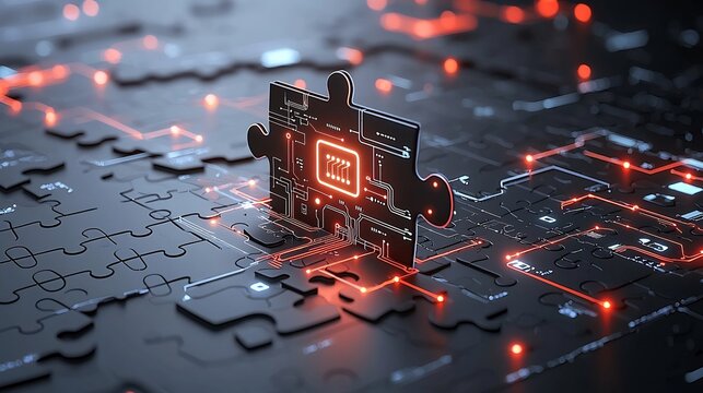 Futuristic neon lit puzzle pieces displaying circuit inspired patterns highlighting connectivity problem solving and the intersection of technology and creativity