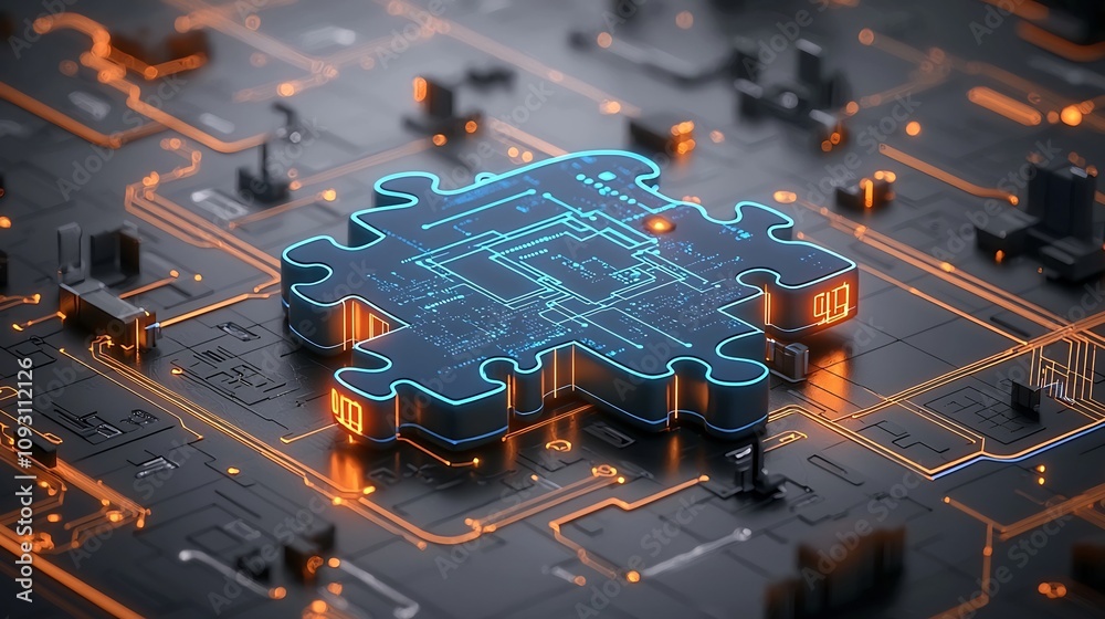 Poster Close up view of abstract futuristic puzzle pieces glowing in vibrant neon blue and orange hues interconnected with intricate circuit like details set against a tech inspired background