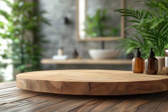 Round wooden tray sits empty on a table surrounded by cosmetic dispensers, providing a stylish backdrop for product display in a blurry bathroom scene with greenery and a sink