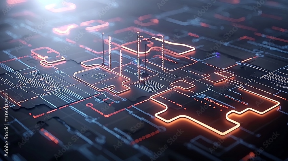 Poster Futuristic puzzle pieces glowing with neon lights on a dynamic backdrop representing the interconnected nature of problem solving technological innovation and the quest for solutions