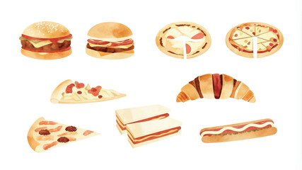 Set of watercolor fast food icons. Hand drawn vector illustration.