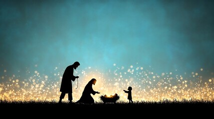 Nativity scene silhouette featuring the holy family of Mary Joseph and baby Jesus in a humble stable illuminated by a warm golden light against a teal and gold backdrop © NKCoolper