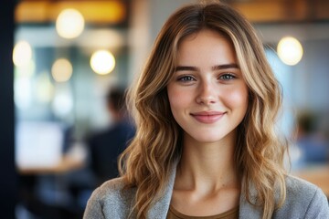 Close-up headshot Confident European young woman, good looking teenager, middle aged leader, businesswoman, CEO on blurred office background. Beautiful young European businesswoman smiles at thecamera
