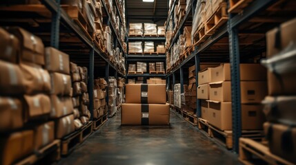 Fototapeta premium Efficient warehouse operations large storage facility image series industrial environment aisle view logistics management