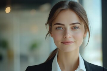 Obraz premium Close-up headshot Confident European young woman, good looking teenager, middle aged leader, businesswoman, CEO on blurred office background. Beautiful young European businesswoman smiles at thecamera