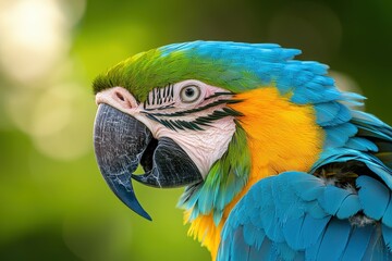 Obraz premium Close-Up of a Vibrant Blue Macaw Feathering with Intricate Barbs against a Soft Green Outdoor Background in Natural Light