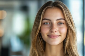 Close-up headshot Confident European young woman, good looking teenager, middle aged leader, businesswoman, CEO on blurred office background. Beautiful young European businesswoman smiles at thecamera