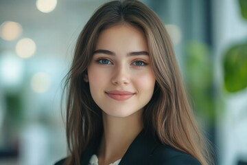 Naklejka premium Close-up headshot Confident European young woman, good looking teenager, middle aged leader, businesswoman, CEO on blurred office background. Beautiful young European businesswoman smiles at thecamera