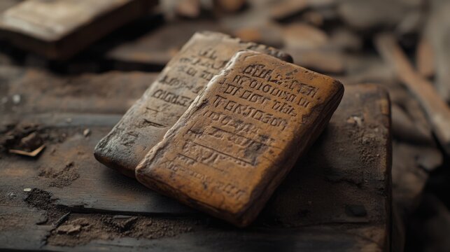 Ancient Wooden Tablets with Inscription Detail Found in an Archaeological Site Representing Historical Culture and Lost Languages of Civilizations