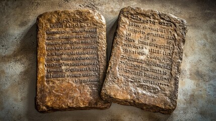 Ancient Stone Tablets with Inscribed Writing, Textured Surface from Historical Civilization, Historical Archaeology, Cultural Heritage, and Language Study Focus