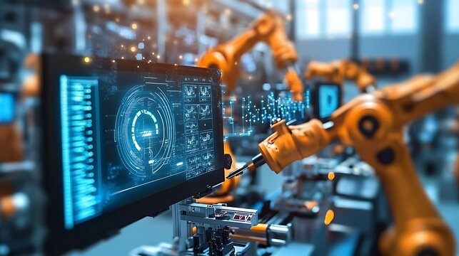 High-tech manufacturing plant with digital interfaces displaying data 