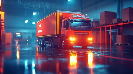 Heavy-duty truck maneuvering in warehouse nighttime scene industrial environment urban viewpoint transportation concept