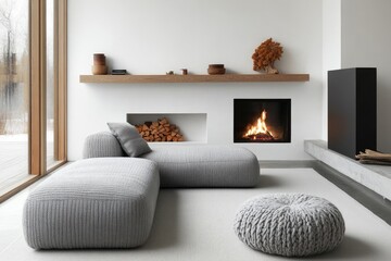 Modern Minimalist Living Room with Grey Corner Sofa and Knitted Pouf Against White Wall