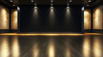 A blank black exhibition wall in a brightly lit contemporary hall, ready for display, with polished flooring reflecting the light