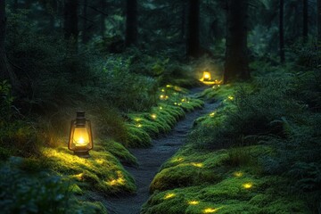 Fototapeta premium Illuminated Forest Path With Lanterns And Moss