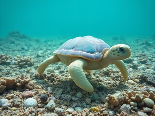 there is a turtle that is swimming in the water.