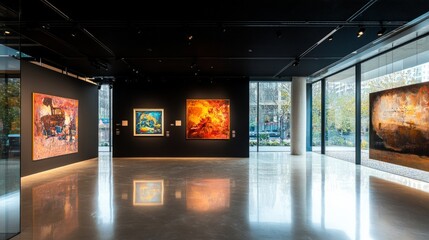 A bright contemporary space featuring a glossy black exhibition wall under warm spotlights, creating a sense of anticipation