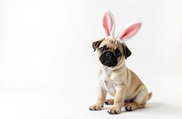 A cute mops puppy with a pink Easter bunny ears. Ideal for advertising a pet store, veterinary clinic, animal shelter. White background. Copyspace