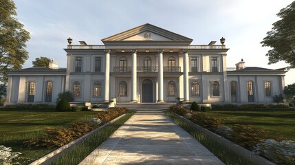 Obraz premium Majestic Mansion With Grand Architecture Surrounded by Lush Gardens During a Serene Afternoon