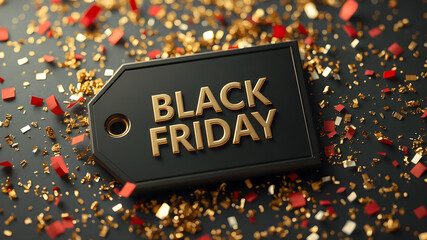 3D Black Friday sale tag with gold and red confetti, with sparkling.promotions and sales.3d Illustration.