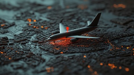 Model Airplane on a Topographical Map at Night with Glowing City Lights and a Pinpoint Location Indicator Emphasizing Travel and Adventure