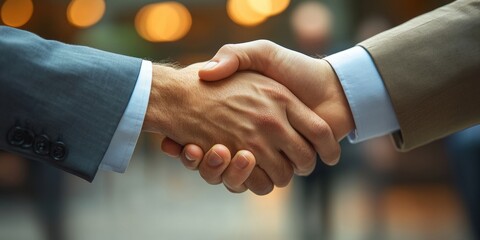 A close-up image of two people in business attire engaging in a firm handshake, symbolizing a successful agreement or partnership in a professional setting