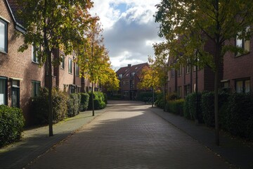 Naklejka premium Sunny Urban Street with Modern Brick Buildings and Lush Tree-lined Sidewalk