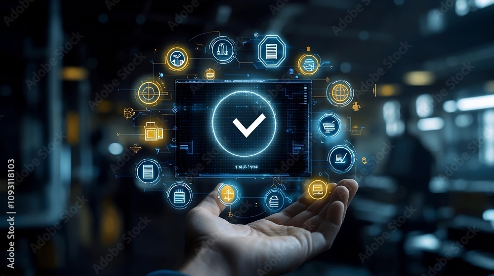 Aufkleber Hand Holding Glowing Digital Interface Displaying Certification and Icons on Dark Background Representing Technology Productivity and Success