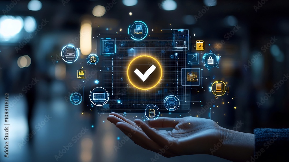 Poster hand holding a glowing digital interface with a prominent checkmark icon at the center surrounded by