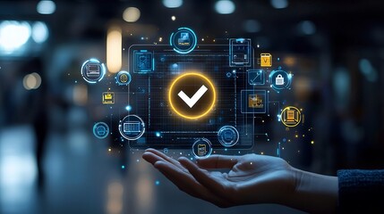 Hand holding a glowing digital interface with a prominent checkmark icon at the center surrounded by blue and yellow icons representing on a dark background
