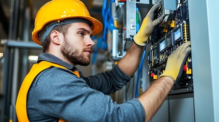 Technician installing sensors on industrial machinery 