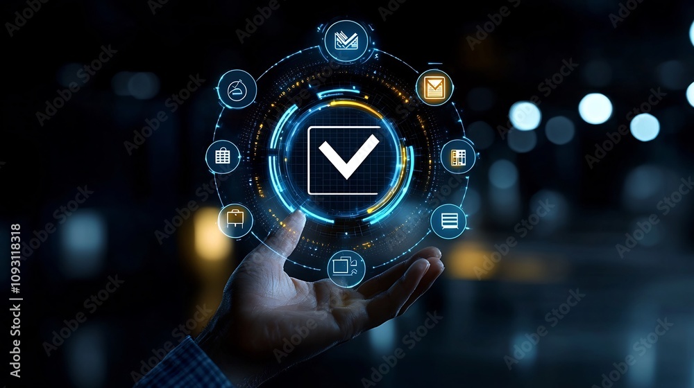 Leinwandbilder Hand holding a futuristic glowing interface with a central checkmark icon encircled by icons representing and against a dark background with blue and yellow highlights symbolizing technology
