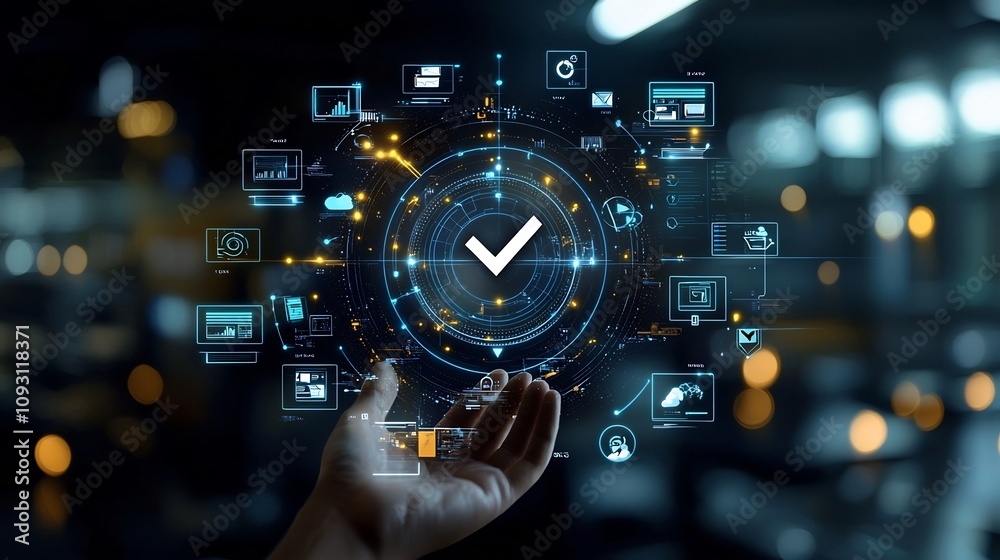 Poster a hand holding a sleek futuristic glowing interface with a central checkmark icon surrounded by symb