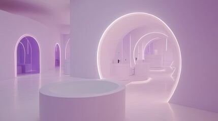 A minimalist, modern interior design with arches, a circular tub, and purple neon lights.