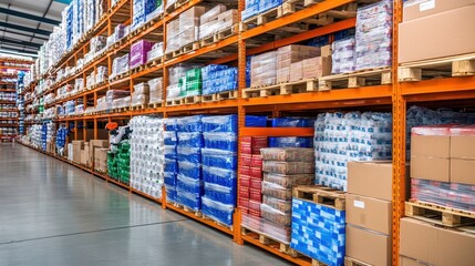 Obraz premium Efficient warehouse organization industrial facility inventory management indoor environment aisle view logistics concept