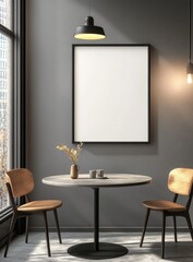 3D Rendering of Small Blank Frame Mockup on Grey Wall in Modern Dining Room with Round Table and Chairs