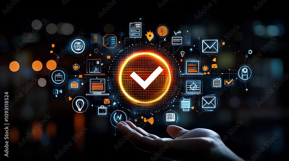 Poster Vibrant digital interface featuring a prominent checkmark icon surrounded by various task and success related symbols held by a hand against a dark background representing technology productivity