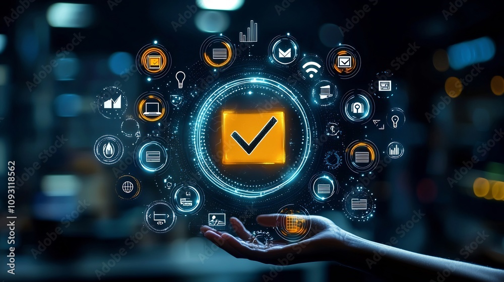 Aufkleber glowing digital interface design with a prominent central checkmark icon surrounded by various task 