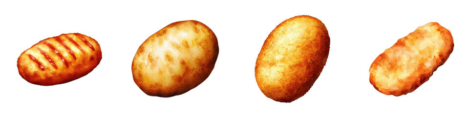 Fototapeta premium Crispy potato croquettes in various shapes and textures, perfect for finger food. These delicious snacks are ideal for parties and gatherings, adding delightful crunch to any meal