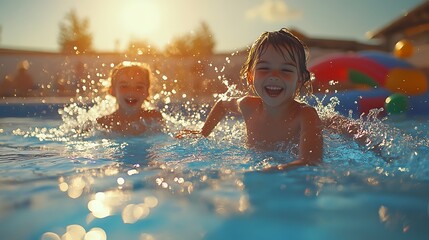 Happy children splashing in a warm outdoor pool, bright sunlight reflecting on the water, joyful expressions, vibrant blue tones, colorful inflatables, playful and energetic mood,