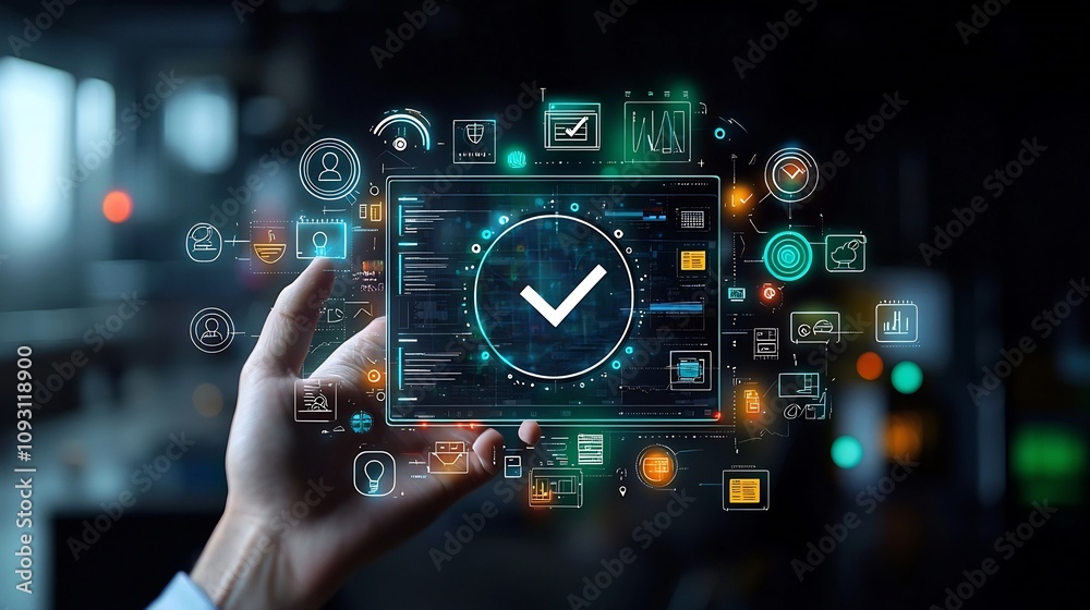 Aufkleber a hand holding a futuristic glowing digital interface with a central checkmark icon surrounded by an